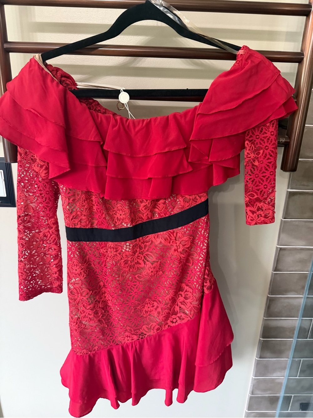 For Love & lemons Red Lace Off-Shoulder Ruffle Dress with Black Waist Band Small